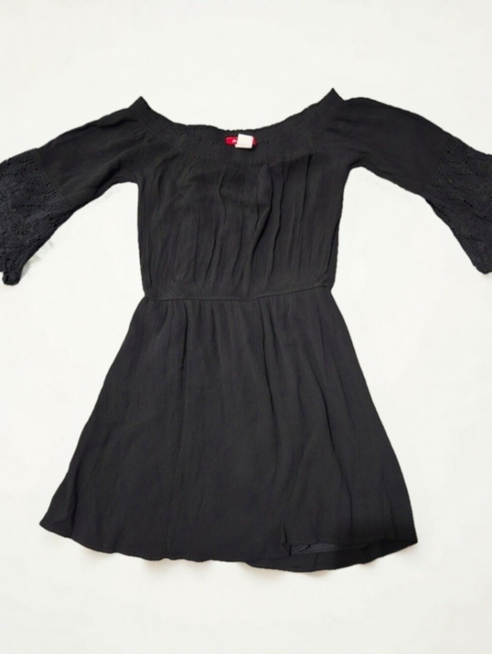 Panhandle Black Off-Shoulder Lace Sleeve Mini Dress